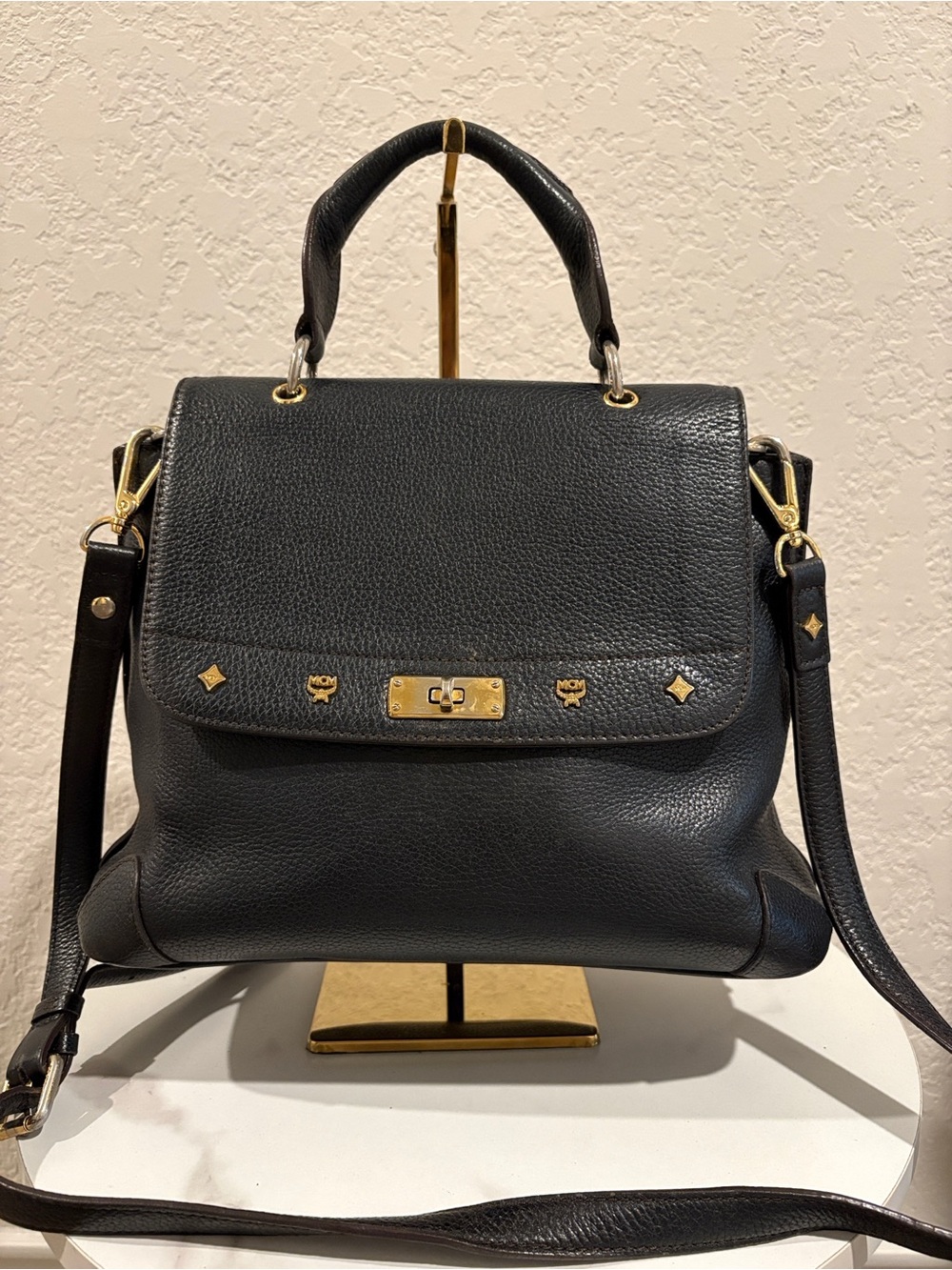 MCM Black Pebbled Leather Top-Handle Satchel with Gold Hardware